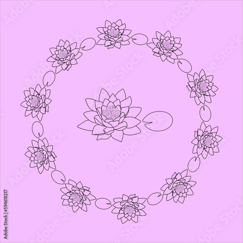 A wreath of water lilies on a pink background. Wedding invitation. Symbol of purity