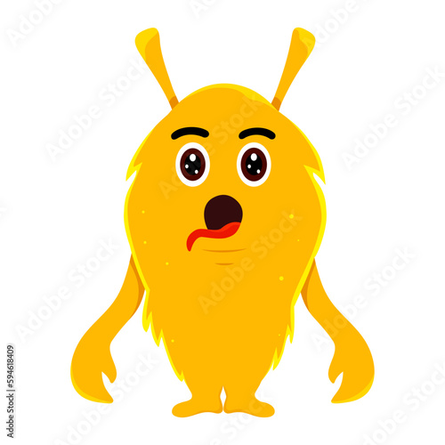 Yellow monster with open mouth and tongue. Ears and dilated eyes. Vector stock illustration. isolated.
