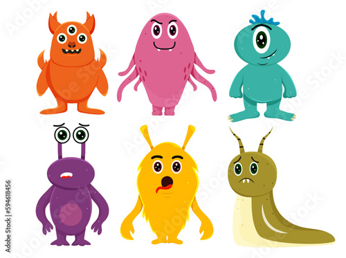 Set of monsters in bright colors in cartoon style. Vector illustration. Isolated. White background. Cute and funny characters.