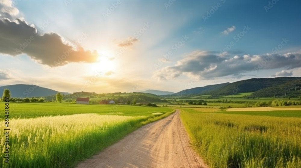 road that leads to an empty grassy field under a bright sun