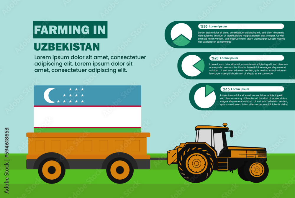Farming industry in Uzbekistan, pie chart infographics with tractor and trailer Farming industry in Uzbekistan, pie chart infographics with tractor and trailer