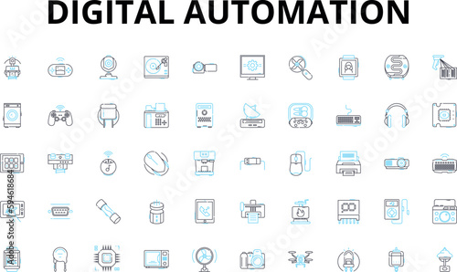 Digital automation linear icons set. Robotics, Automation, Artificial Intelligence, Machine Learning, Workflow, Efficiency, Streamlining vector symbols and line concept signs. Digitization
