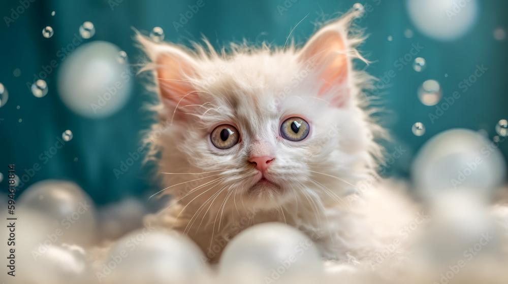 Cute fluffy kitten is washed in white foam on light blue background. Portrait of white cat in soap bubbles. Generative AI.