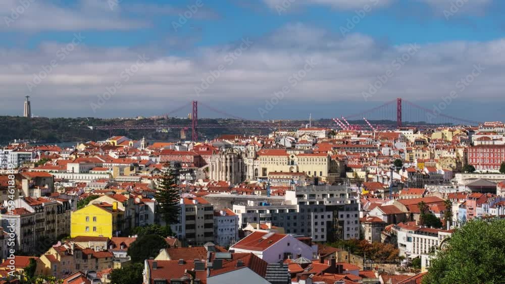 Time-lapse of Lisbon famous view from Miradouro dos Barros tourist viewpoint over Alfama old city district, 25th of April Bridge and Christ the King statue. Lisbon, Portugal. Zoom out effect Time-lapse of Lisbon famous view from Miradouro dos Barros tourist viewpoint over Alfama old city district, 25th of April Bridge and Christ the King statue. Lisbon, Portugal. Zoom out effect