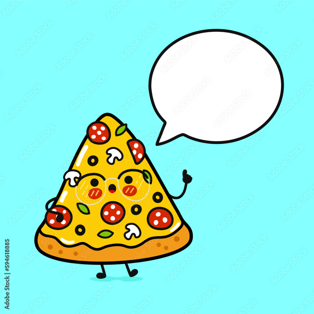 Cute funny piece of pizza with speech bubble. Vector hand drawn cartoon kawaii character illustration icon. Isolated on blue background. Pizza character concept Cute funny piece of pizza with speech bubble. Vector hand drawn cartoon kawaii character illustration icon. Isolated on blue background. Pizza character concept