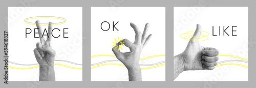 Stylish collage with hands and text. Peace, Ok, Like. Vector set with dotted pop art. Isolated grey background