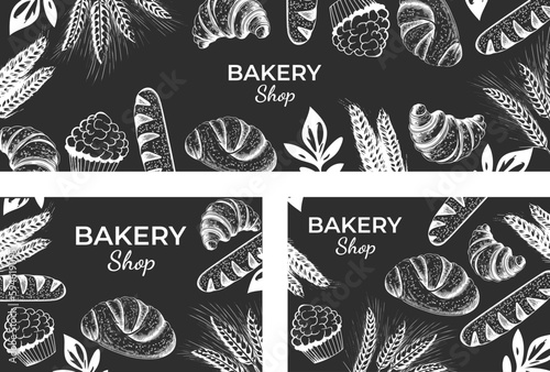 Vector drawing in vintage style, bread, ears of wheat, pastries, croissant. Design for banner, poster, flyer. Vector elements on the theme of baking.