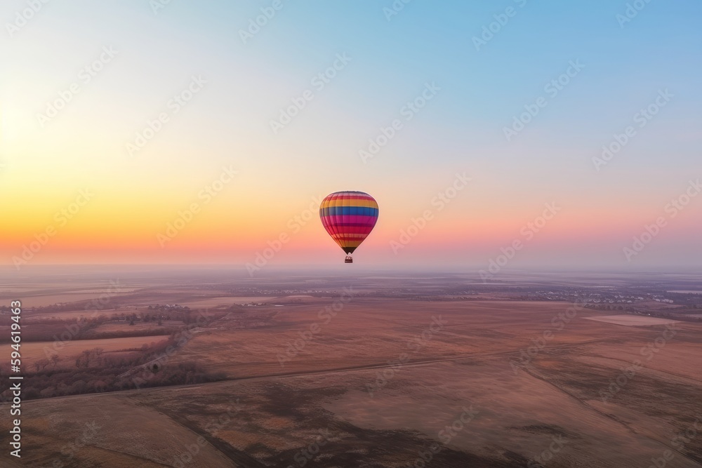 A colorful hot air balloon hovering over a vast landscape below