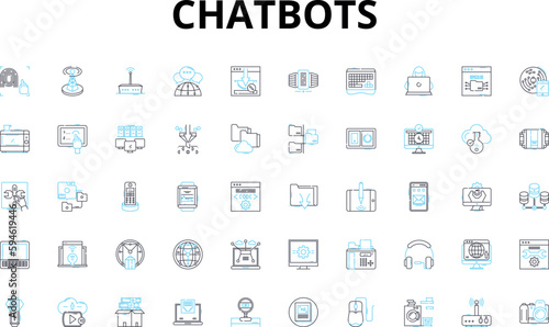 Chatbots linear icons set. Automation, Conversation, Interaction, Intelligence, AI, Assistance, Engaging vector symbols and line concept signs. User-friendly,Personalization,Simplicity illustration