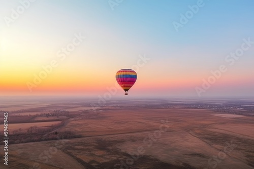 A colorful hot air balloon hovering over a vast landscape below © Sascha