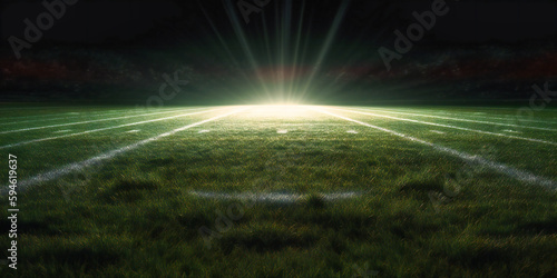 the green grass is illuminated by beams of light at an american football field,