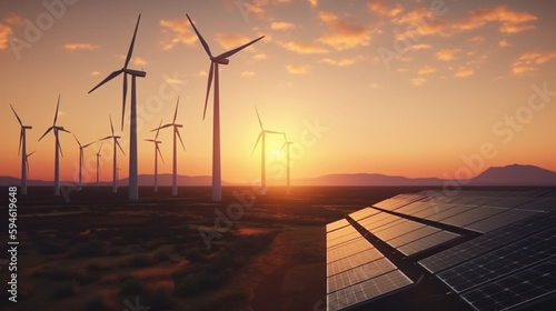 landscape with windmills and a sunrise on it, as well as the sun