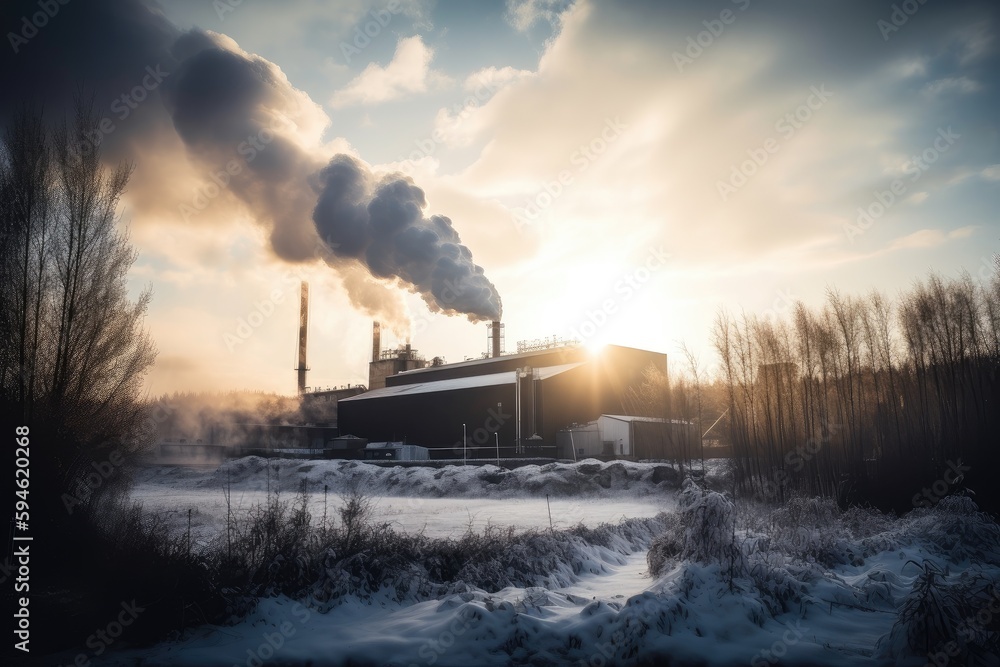 bioenergy plant, with smoke and steam rising from the chimneys, created ...