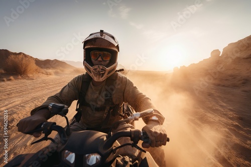 A Man Riding A Motorcycle Down A Dirt Road In The Desert Desert Sand Dunes At Golden Hour Travel Photography Adventure Travel Generative AI