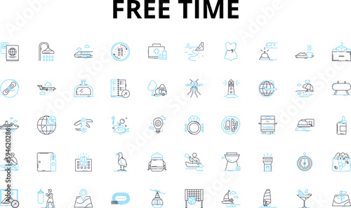 Free time linear icons set. Leisure, Relaxation, Hobbies, Pastimes, Recreation, Amusement, Entertainment vector symbols and line concept signs. Pursuits,Activities,Retreat illustration