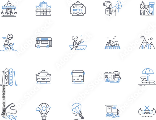 Globetrotting vagabonds line icons collection. Adventure, Wanderlust, Backpacking, Nomads, Travel, Exploration, Freedom vector and linear illustration. Journey,Roaming,Discover outline signs set