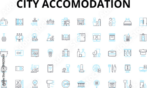 City accomodation linear icons set. Cosy, Centrality, Comfort, Ambiance, Convenience, Spacious, Accessibility vector symbols and line concept signs. Luxury,Modern,Stylish illustration