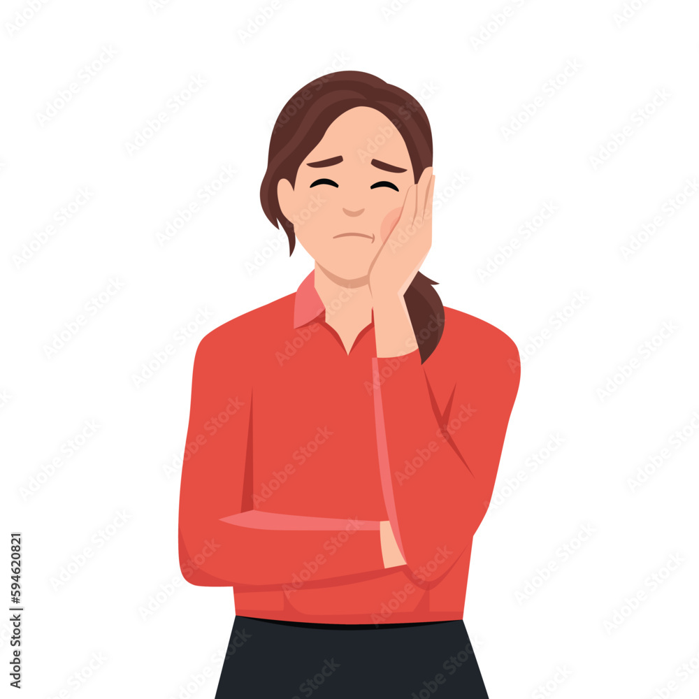 Toothache and problems with teeth concept. Young sad unhappy woman holding cheek due to toothache having expression of pain Toothache and problems with teeth concept. Young sad unhappy woman holding cheek due to toothache having expression of pain