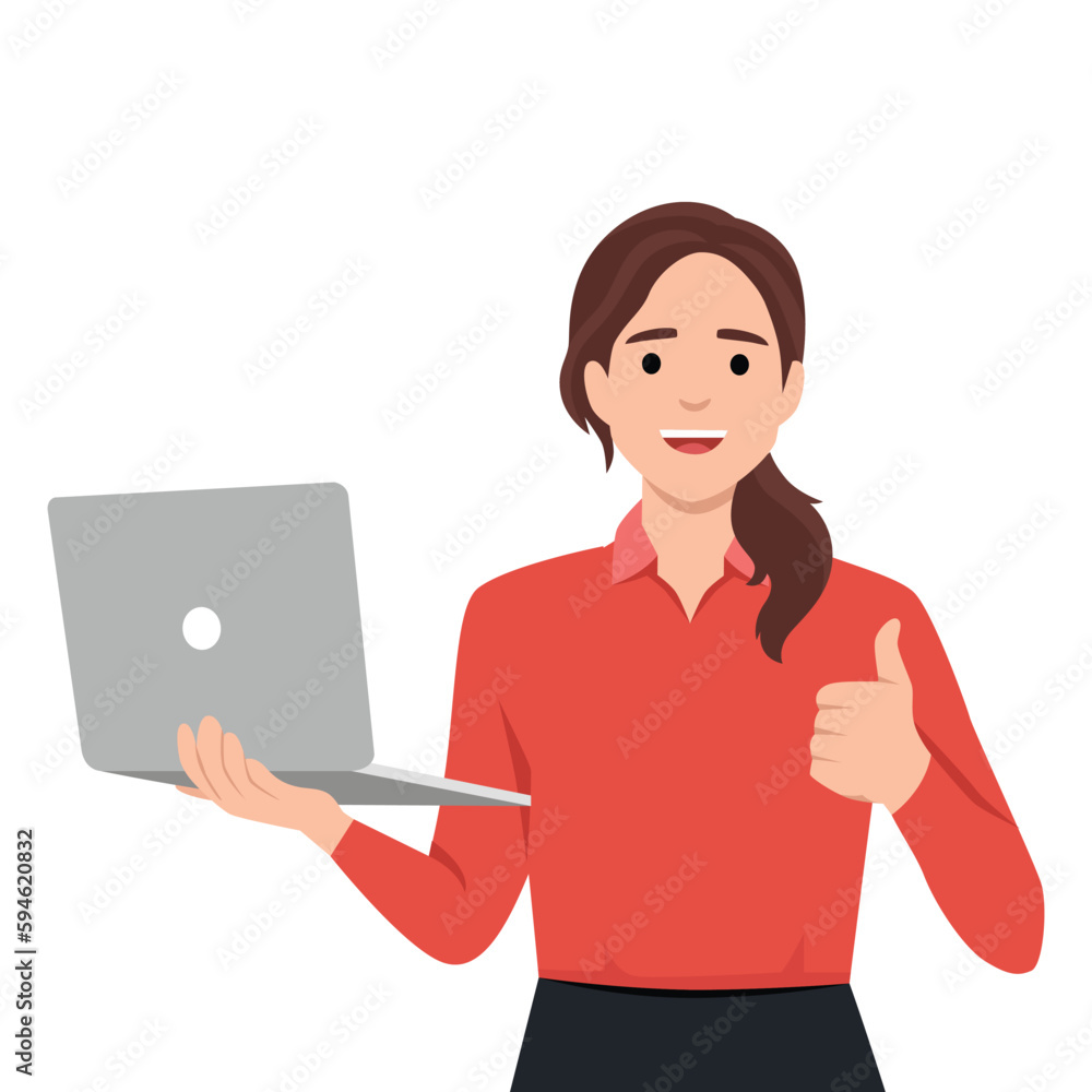 Young woman holding laptop computer and thumbs up gesture. Trendy girl using gadget and showing good or like sign. Young woman holding laptop computer and thumbs up gesture. Trendy girl using gadget and showing good or like sign.