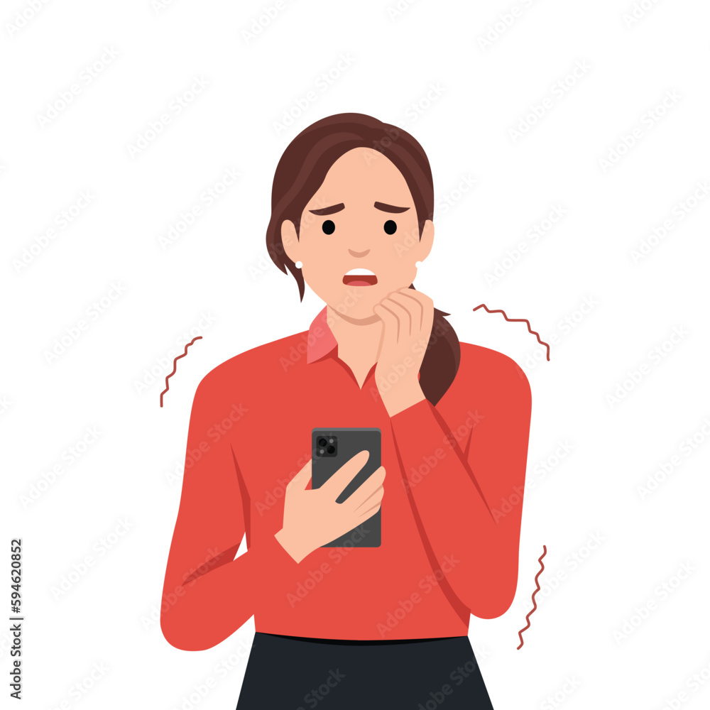 Frustration, broken phone, problems in communication concept. Worried concerned girl cartoon character looking at her phone screen cracked and shattered to pieces or feeling bad with message Frustration, broken phone, problems in communication concept. Worried concerned girl cartoon character looking at her phone screen cracked and shattered to pieces or feeling bad with message