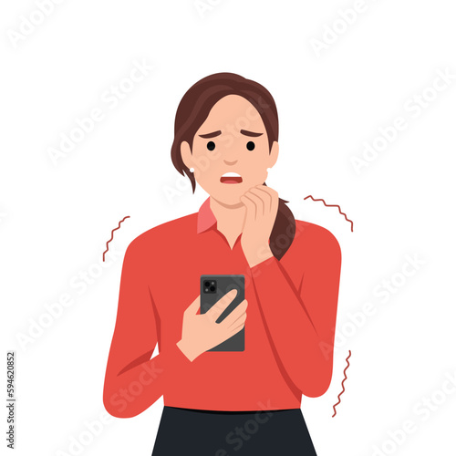 Frustration, broken phone, problems in communication concept. Worried concerned girl cartoon character looking at her phone screen cracked and shattered to pieces or feeling bad with message
