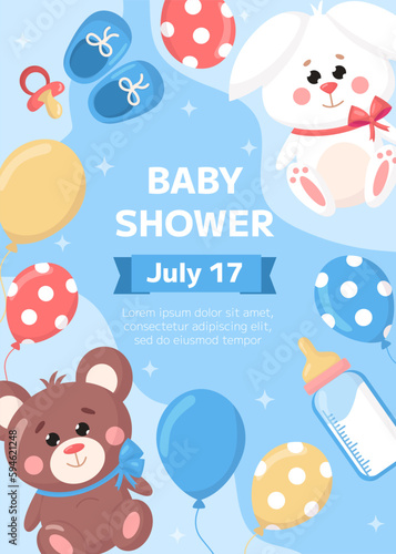Vector baby shower invitation template. Cartoon childish toy bear, rabbit, balloons, kids booties, pacifier, bottle on blue background. A4 backdrop, flyer, brochure for event