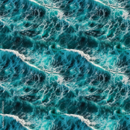 Aerial view to ocean waves with foam. Blue water background.. AI generative illustration. © Vjom