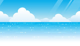 Vector Seamless Ocean View Background With Blue Sky, Horizon, And White Clouds. Horizontally Repeatable.