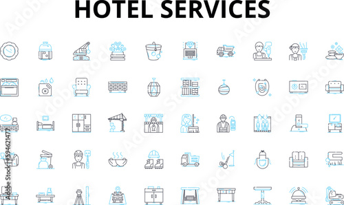 Hotel services linear icons set. ospitality, Accommodations, Amenities, Concierge, Room service, Housekeeping, Reception vector symbols and line concept signs. Bellhop, Valet, Shuttle illustration