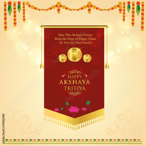 Happy Akshaya Tritiya,  Religious Festival of India, Celebration Background, Floral, Wishes, Gold, Goddess Lakshmi, Social Media Post English Template Vector 

