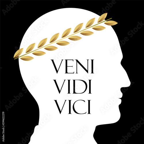 Vector silhouette portrait of Caesar with golden laurel crown, and Veni, Vidi, Vici phrase, isolated on black background.