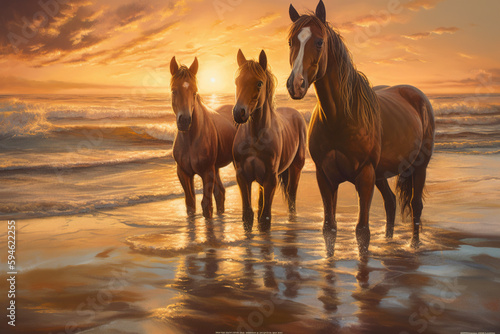 Horses on the beach at sunset  Generative AI