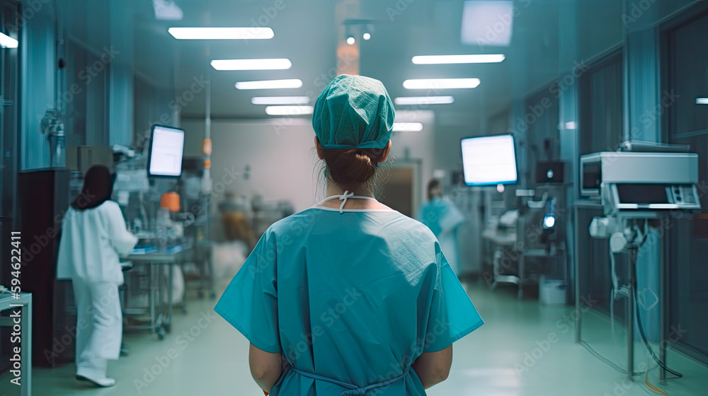 Back view of female surgeon in a hospital intensive care unit. Generative AI Back view of female surgeon in a hospital intensive care unit. Generative AI