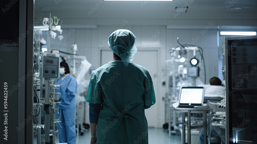 Back view of female surgeon in a hospital intensive care unit. Generative AI Back view of female surgeon in a hospital intensive care unit. Generative AI