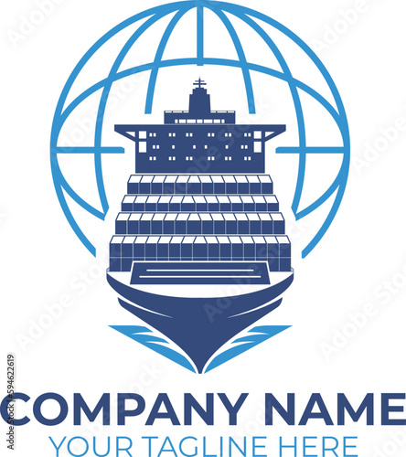 Shipping company logo with cargo ship and globe vector