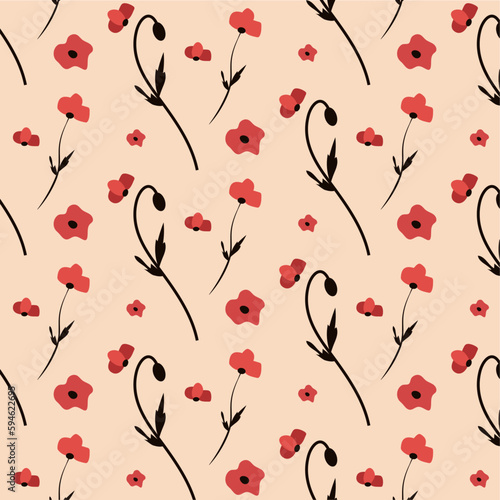 A seamlss pattern of poppy flowers and leaves, floral composition with plants in red and black colors on beige background for packaging banners wallpaper posters