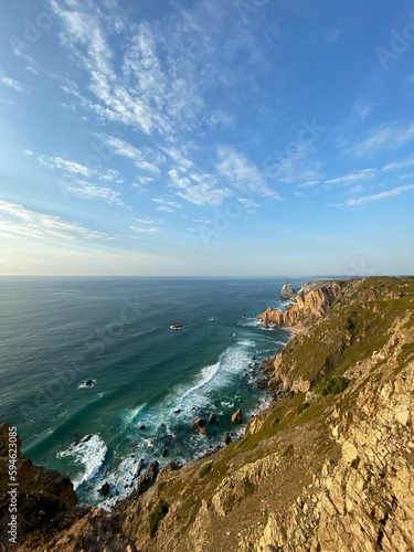 Beautiful view of the sea near a rocky coastline. Portugal.