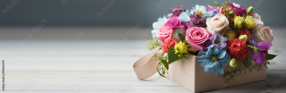 Colorful flower bouquet in gift box with copy space. Mother's day concept. Generative AI Colorful flower bouquet in gift box with copy space. Mother's day concept. Generative AI