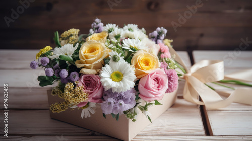 Colorful flower bouquet in gift box. Mother's day concept. Generative AI 