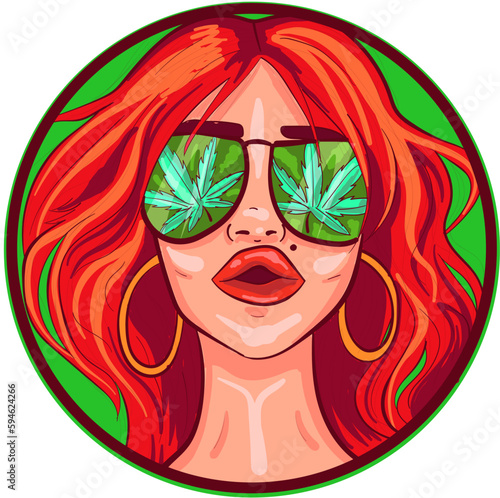Redhead woman portrait. Stoner girl with green marijuana sunglasses and curly red hair. Vector conceptual art of an avatar face inside a circle.