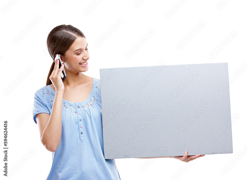 Mockup, phone call and woman with a board, communication and lady isolated against a transparent background. Female person, girl and model with smartphone, connection and poster with png and talking Mockup, phone call and woman with a board, communication and lady isolated against a transparent background. Female person, girl and model with smartphone, connection and poster with png and talking