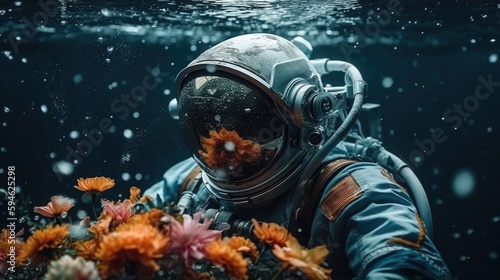 sci-fi fantasy astronaut standing in the strange water and sea and flowers,generative ai.