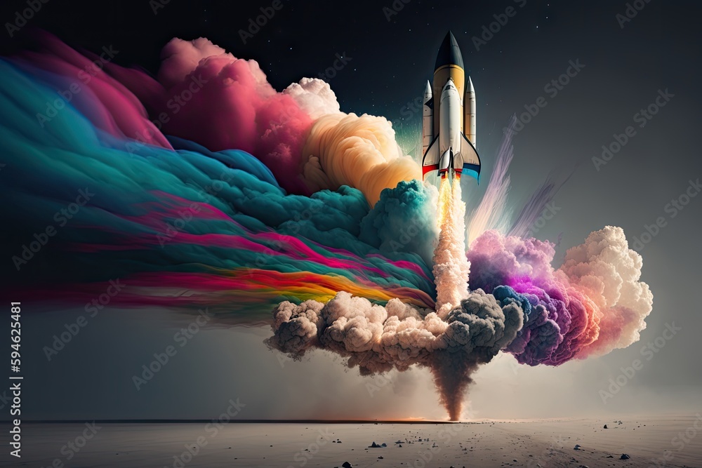 rocket launching into the sky with colorful smoke trail, in person, created with generative ai - obrazy, fototapety, plakaty 