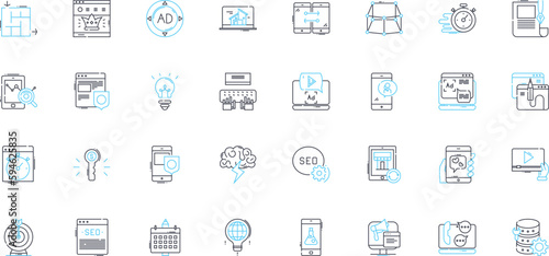 Web publicity linear icons set. SEO, Social, Marketing, Advertising, Visibility, Campaigns, Branding line vector and concept signs. Content,Analytics,Optimization outline illustrations