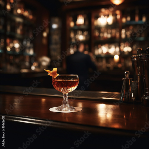 Cozy, dimly lit bar with rich, wood-paneled walls and a beautifully crafted Manhattan cocktail resting on the bar. AI generated.