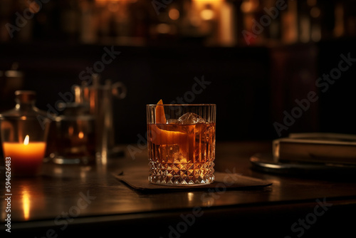 Cozy, dimly lit bar with rich, wood-paneled walls and a beautifully crafted Manhattan cocktail resting on the bar. AI generated.