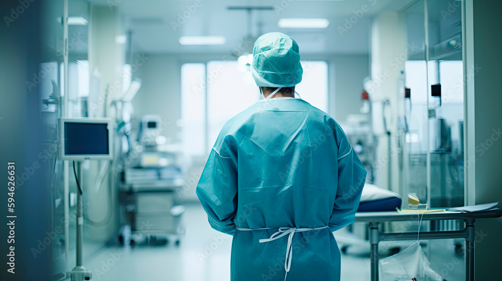 Back view of surgeon woman in a hospital intensive care unit. Generative AI Back view of surgeon woman in a hospital intensive care unit. Generative AI