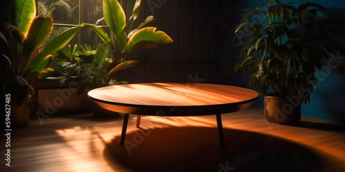 wooden table with plant under it on floor,