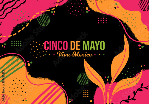 Cinco de Mayo Horizontal Colorful Background vector illustration. May 5 Mexico festival holiday. Floral Folk art and Memphis Neon fusion. Website header, social media post, promotion, greeting design