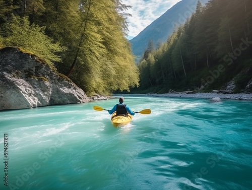 Explore the Serene Glacial Blue River Through Forest Kayaking   Generative AI © MaximilianG